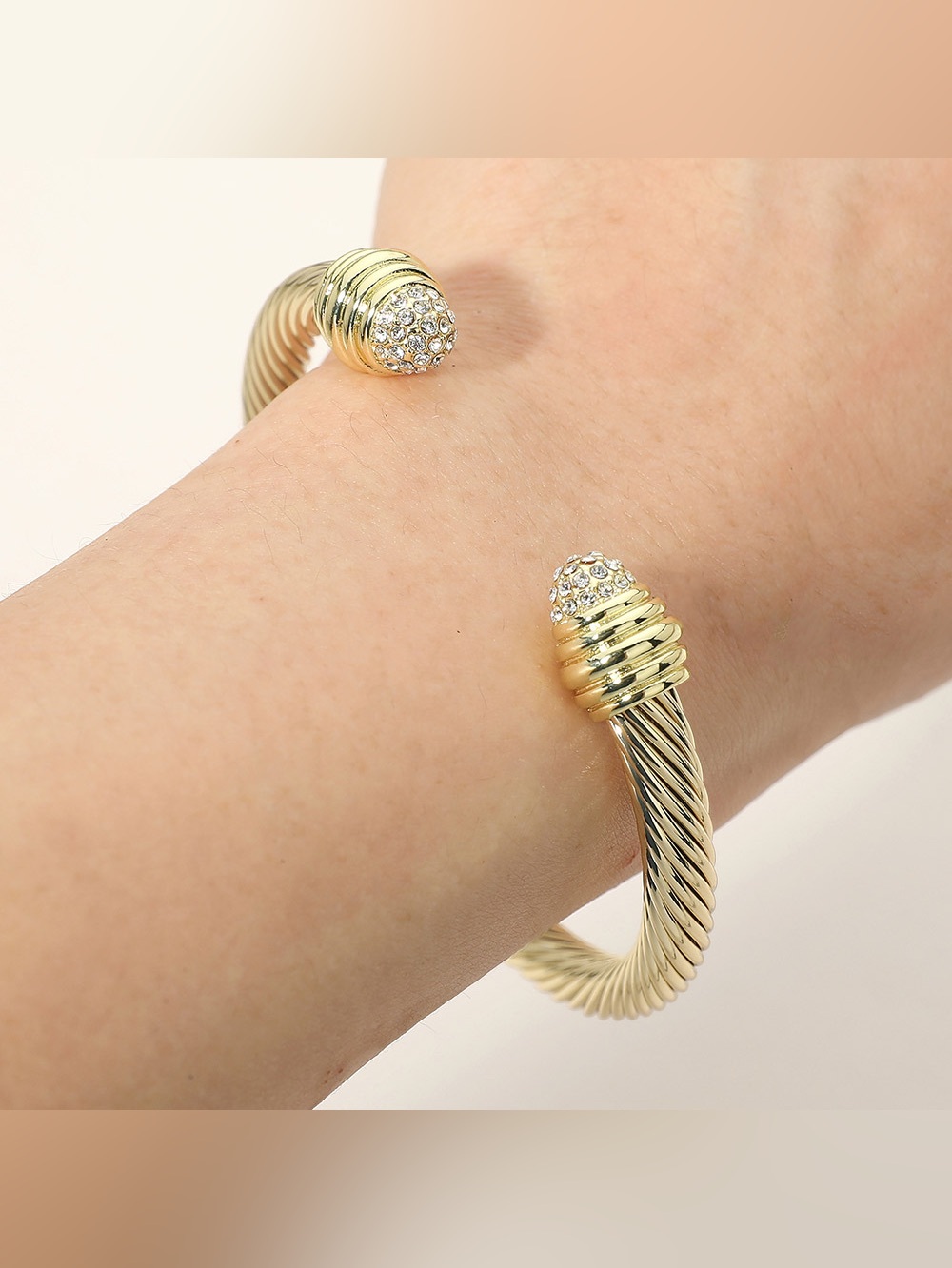14K Gold Plated CZ Stone Pave Tip Twisted Cable Cuff Bracelet